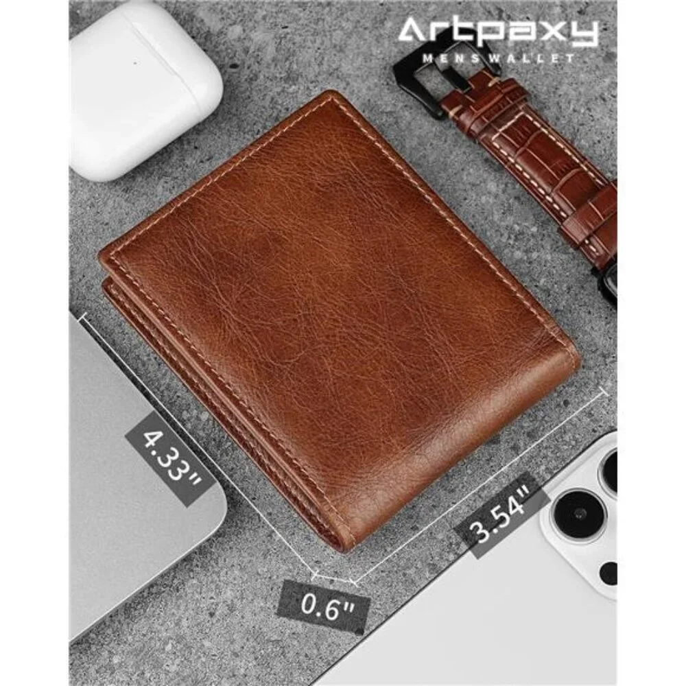 Mens Leather Bifold Wallet RFID Blocking 13 Card Holder 2 Cash Pockets ID Window